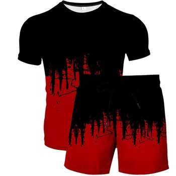 2023 Мъжки комплект тениски с абстрактни рисунки и къс ръкав от две части, Мъжки и дамски Модни и ежедневни спортно облекло
