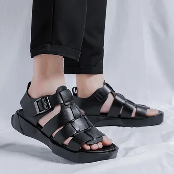 2023 Прохладното лято, нови мъжки сандали-гладиатори от телешка кожа, удобни ежедневни плажни сандали, улични мъжки чехли в черен цвят
