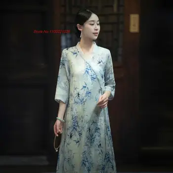2023 женски винтажное китайското подобряване на рокля ципао от памук и лен с националния цветисти принтом, елегантна дълга рокля ципао в етнически стил