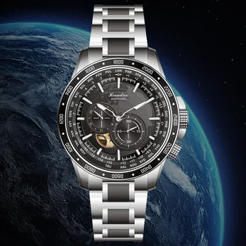 5Bar GMT Автоматични механични ръчни часовници Карта на света Човек 3D релеф Голям циферблат Автоматична дата на Часовника от неръждаема стомана Сапфировые флуоресцентни часовници