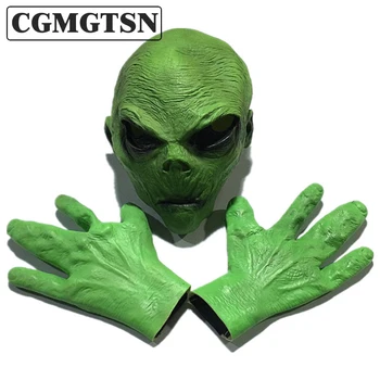 CGMGTSN Маска на Чужденец и Ръкавици Cosplay Ужасни Зелени Латексови Маски П Каска За Възрастни Карнавалните Костюми за Хелоуин Подпори