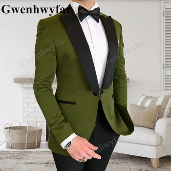 Gwenhwyfar Класическите военни зелени однобортные мъжки костюми с козирка и ревери, с шарени Homme, за бала, за сцената, приталенная мода