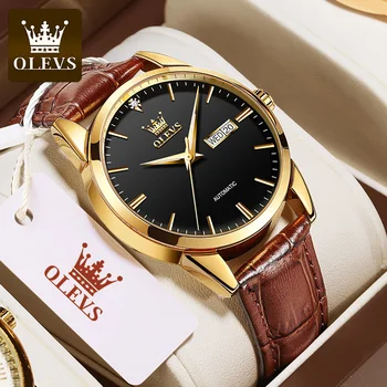 OLEVS, висок клас марка, мъжки класически механични часовници, водоустойчиви спортни модни часовници, кожена каишка, бизнес популярните ежедневни мъжки ръчен часовник