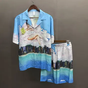 Абстрактен колоритен костюм-риза с портрет принтом, Всекидневни плажен комплект с къс ръкав, мъжки лятна риза + къс мъжки дрехи Camiseta Hombre