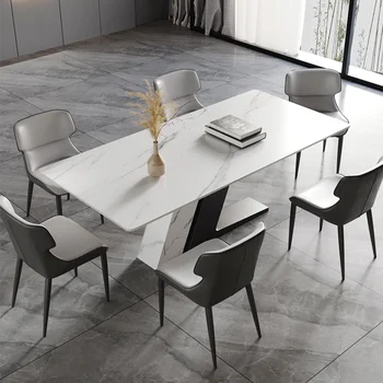 Бяла трапезна маса с правоъгълен плот от спечени камък, Z-образно основа от неръждаема стомана, Бяло-черна прическа, 63 инча