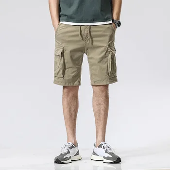Висококачествени мъжки къси панталони-карго, памучни свободни ежедневни панталони с много джобове, летни прави панталони среден размер