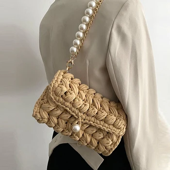 Дамска чанта ръчна изработка от въже, свързани на една кука, дизайнерски плетени калъф чанта през рамо за жени, чанта с перли и веригата, чанта-прашка Мъкна 2022