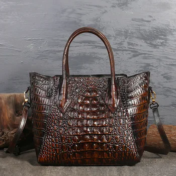 Дамска чанта с копче на рамото от естествена кожа с маслена маска и крокодиловым модел, луксозна дамска чанта-месинджър от телешка кожа през рамо, чанта-тоут
