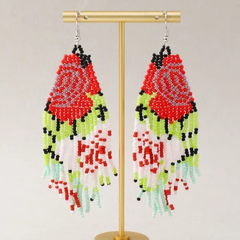 Дамски висящи обеци с цветя от богемных мъниста, дълъг пискюл, ефектни обеци ръчна изработка, направени в стила на маслената живопис