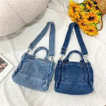 Дамски малка чанта през рамо от деним за момичета, светло синята холщовая на тъканта, ръчна чанта, малка ежедневна чанта-тоут, дамски портфейл с цип с подвижна каишка