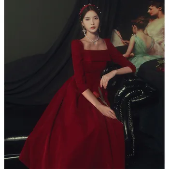 Жена бордовое сватбена рокля известни личности с дълги ръкави, елегантна вечерна бална рокля за бала с квадратни деколтета, Vestido