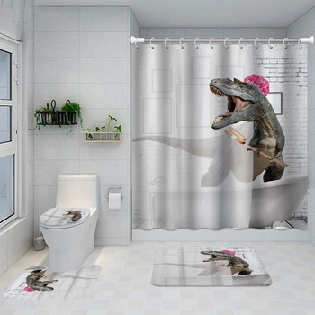 Завеса за душ с динозавром, водоустойчиви комплекти за баня с нескользящим мат, здрава подложка за баня, капак за тоалетна, вратата подложки за къпане