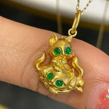 Изискани бижута от чисто злато, 18 карата, окачване със зелен изумруд, златен медальон с диамантен пръстен 0,2 карата, колиета с камъни за жени