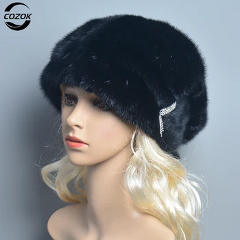 Коледна шапка от естествена кожа на норка за жени, модерен размер може да се регулира, като се запазва топлината дамски зимни шапки от естествена кожа