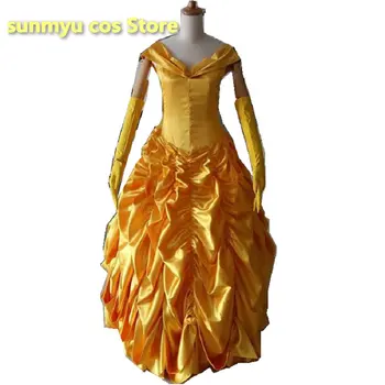 Красавицата и звярът, жълта рокля на принцеса с ръкавици, костюм за cosplay на Хелоуин