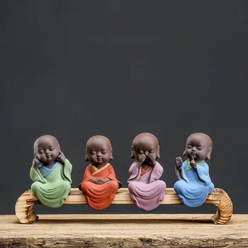 Креативен чай домашен любимец от лилава глина, декорация във формата на четири Малки Монаси, керамични мини-статуетка на Буда, изработени от пясък дзен-цвят, Чайна церемония, Начало Декор, плавателни съдове