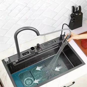 Кухнята е от неръждаема стомана Nano 304 Летящ Водопад Дигитален Дисплей и Голяма Мивка с една Чиния, Мивка от лявата страна на водата
