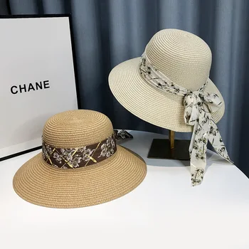 Лента слънчеви шапки с цветен модел за жени, летни слънчеви шапки с голяма периферия, шапка с козирка, дамски пътна панама за риболов, шапка gorros