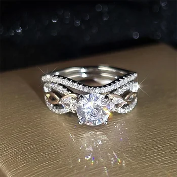 Луксозен женски комплект пръстени с бял кристал и камък, очарователни пръстени сватба на златен, сребърен цвят за жени, скъп годежен пръстен с цирконием за булката