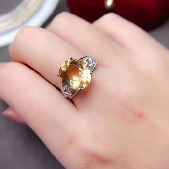 Луксозно сребърен пръстен с кристали за партита, 5 карата, на 10 мм * 12 мм, естествен цитрин, сребърен пръстен от сребро проба 925, бижута подарък с цитрином за жени