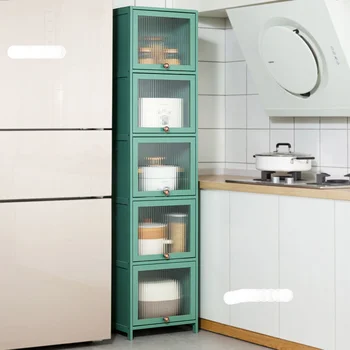 Модерен бамбук кухненски шкаф Кухненски мебели открит шкаф с тесен рафт Многослоен шкаф за съхранение на микровълновата печка с панти като
