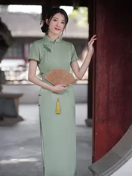 Модерен ретро-Чонсам с къс ръкав, Ретро китайски яка-часова, копчета и ръчно изработени, жаккардовое атласное рокля Ципао