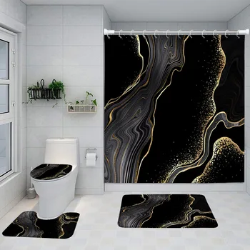 Набор от мрамор завеса за душ, Творчески фланелевый килим със златни текстура, Противоскользящий подложка, капак на тоалетната чиния, подложка за баня, Комплект куки за декора на банята