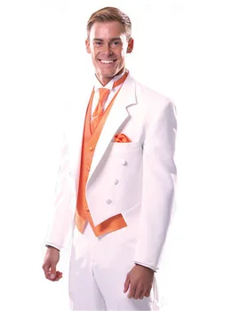 Направен по поръчка на Мъжки Костюми От Неравности на лацканах, Дълъг смокинг Сако от 3 теми, Панталони, Официални бели мъжки Сватбени костюми (яке + Панталон + Оранжева Жилетка)