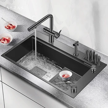 Нова Нанометровая черна степенна механична Кухненска мивка с Дебелина 4 мм и дълбочина 220 мм Ръчно изработени Над Монтиране на Единични кухненски мивки С Водопадным кран