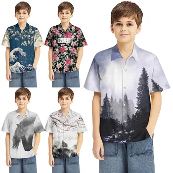 Нова детски дрехи с растително цветен модел, жилетка копчета с ревери, ежедневни дишаща удобна хавайска тениска за момчета