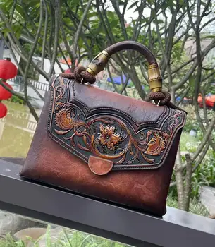 Новата реколта чанта с релефни, универсална кожена дамска чанта с голям капацитет, ръчно изработени чанти на рамо и през рамо