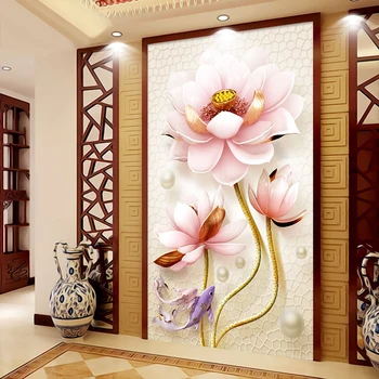 Потребителски 3D Фотообои Китайски Стил 3D Релеф Лотос Нетъкан Декор За да Влезете В Хола Стенни Боядисване Тапети на Цветя