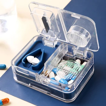 Преносима кутия за таблетки 3 в 1, запечатани кутия за съхранение на лекарства, за рязане и раздробяване на таблетки, преносима кутия за лекарства, контейнер-диспенсер