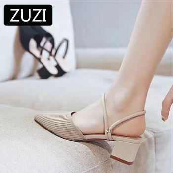 Сандали ZUZI, Чехли, Летни 2021, Нови тънки обувки с дебел ток с остър пръсти, Baotou, Среден наклон-Голям размер, Пролетен Дамски обувки