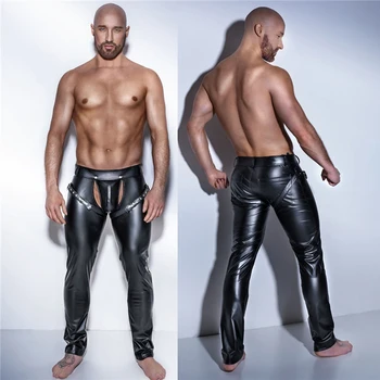 Секси мъжки панталони Wetlook от изкуствена кожа, PVC, латекс, черни панталони за мъже-гейове, отворени отпред панталони, екзотична клубна дрехи за нощен клуб