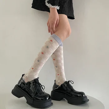 Сладки дълги чорапи дишащи Дамски чорапогащи с високо коляното Дамски летни тънки чорапи с цветя модел във формата на сърце Градинска облекло за краката Рокля Calcetine mujer