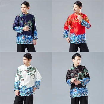 Традиционната Китайска Облекло за Мъже, Риза с дълъг ръкав и Принтом Дракон, Мъжки Костюми в Ретро стил Тан, Китайски Модерен Стил, Топ Чонсам