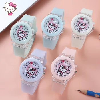 Часовници Sanrio Kawaii на Hello Kitty с хубав модел Ins, цветни светещи детска масичка, творчески светещи цифров часовник, подарък за Ден за защита на децата