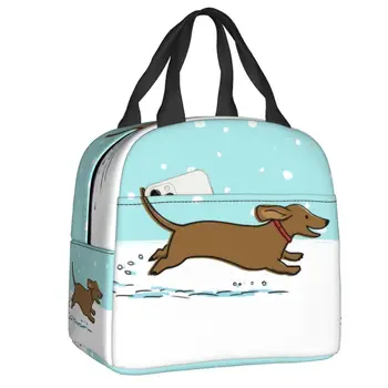 Честит Snow Dachshund термоизолированные чанти за обяд, дамски сладко чанта за обяд с малко куче-сосиской, за работа, обучение, пътуване, многофункционална кутия за храна