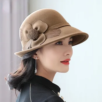Шапка от 100% австралийска вълна в стил Хепбърн, дамска шапка-клош с цветя модел, фетровая фетровая шапка