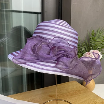 Широка периферия шапка 2023, Нова Лятна шапка от органза в лента с цветен печат, Солнцезащитная шапка за Жени, църковна страна, Плажна шапка
