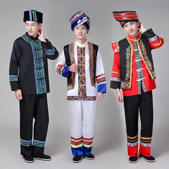 китайската национална облекло за мъже, дрехи за малцинствата, националният танцов костюм за мъже, дрехи за малцинствата