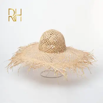 лятна новата сламена шапка, ръчно изработени от лико, вязаная на една кука, дамска мода, пухкави кръгли надмощие, широки полета, шапка от естествена трева, плажна шапка, подарък